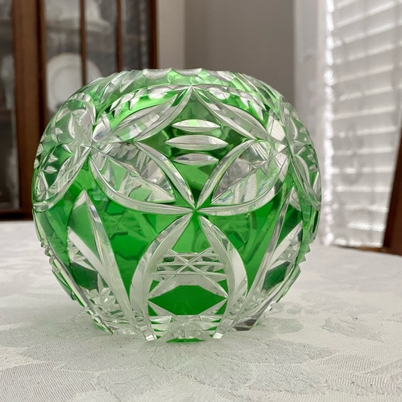 Vintage green cut to clear glass crystal vase